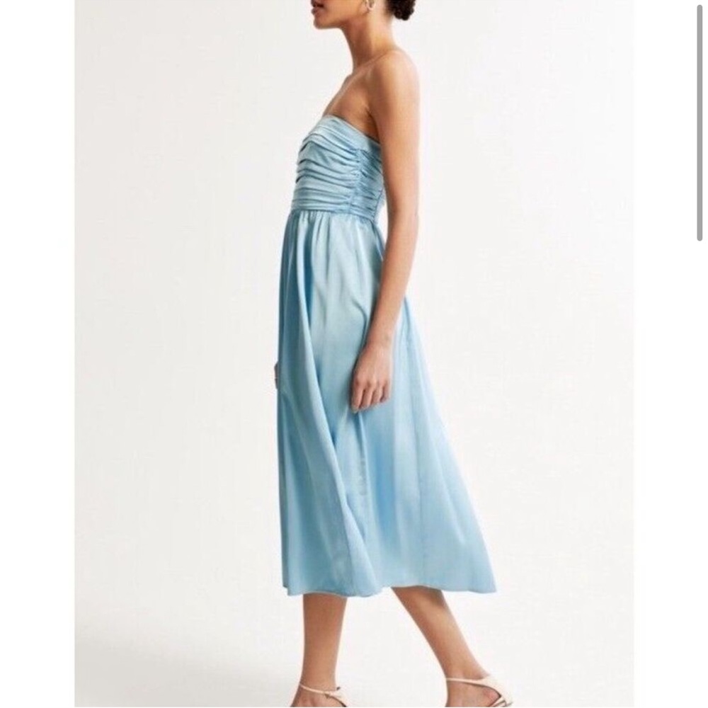 Abercrombie & Fitch Womens Midi Dress Light Blue Strapless Satin Emerson Ruched - Picture 3 of 11